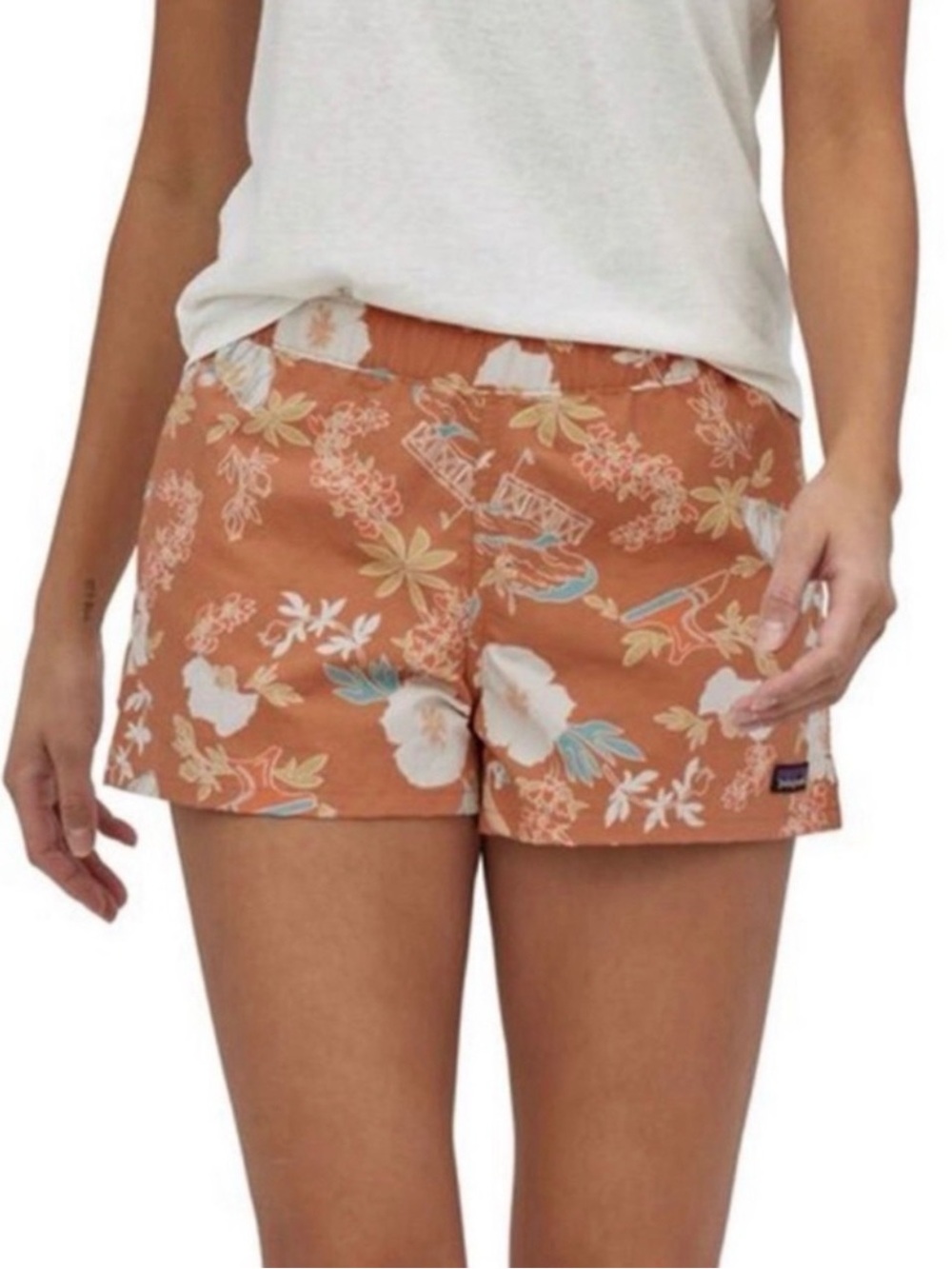 Patagonia Women's Barely Baggies Rust Orange Floral Athletic Shorts NWOT